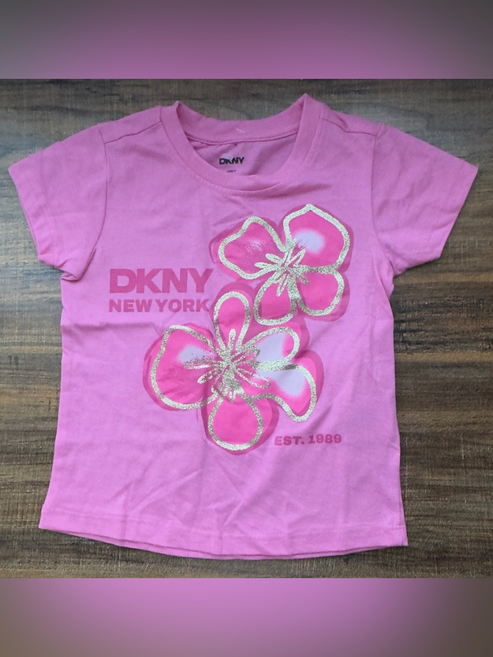DKNY Girls Pink Tee with Gold-Trim Floral Graphic